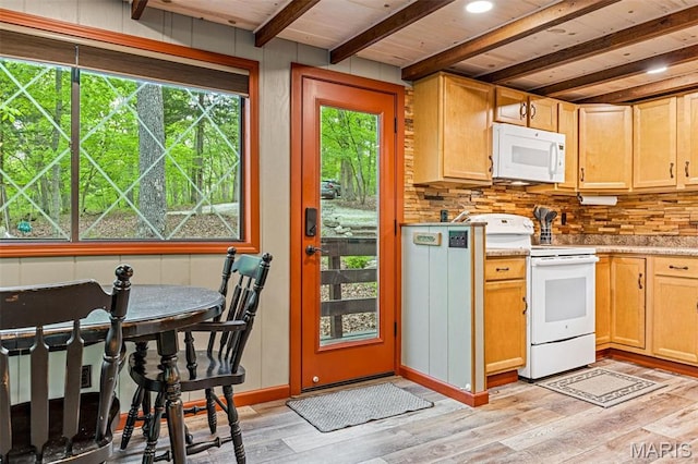 kitchen featuring white appliances, beamed ceiling, decorative backsplash, light wood-style flooring, and light countertops