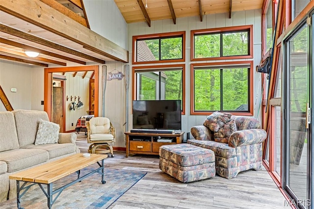 living room with beamed ceiling, wooden ceiling, wood finished floors, wooden walls, and healthy amount of natural light