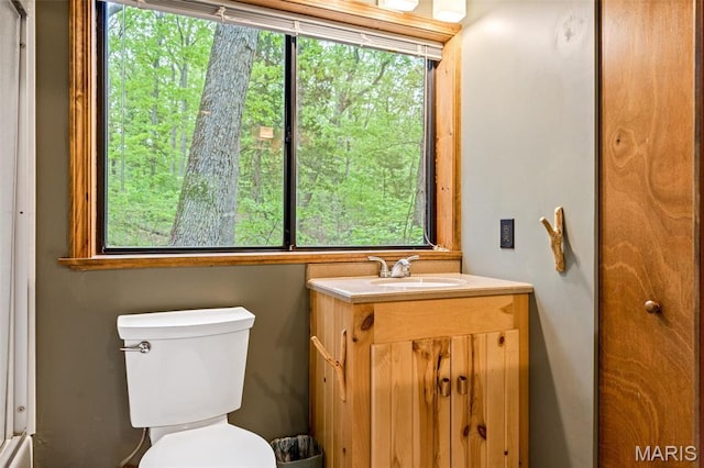 bathroom featuring plenty of natural light, toilet, and vanity