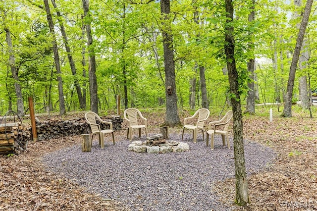 view of yard with a fire pit