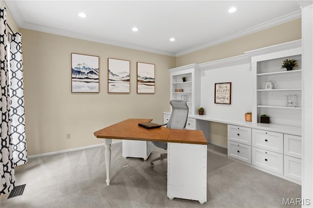 16112 Ridgewoods Manor Cir, Ellisville, MO 63038 - home office featuring ornamental molding, light colored carpet, recessed lighting, and baseboards
