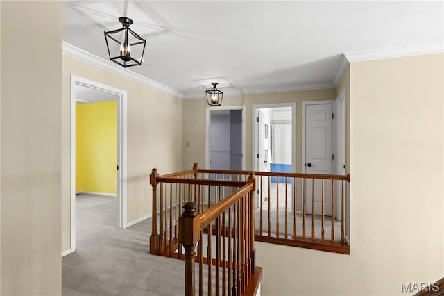16112 Ridgewoods Manor Cir, Ellisville, MO 63038 - corridor with an upstairs landing, carpet flooring, baseboards, and crown molding