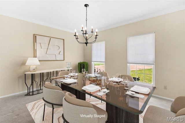 16112 Ridgewoods Manor Cir, Ellisville, MO 63038 - carpeted dining room with a chandelier, baseboards, and crown molding