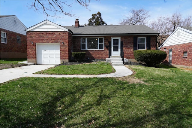 9235 Catalina Dr, Saint Louis, MO 63136 - view of front of house with brick siding, a chimney, a garage, driveway, and a front yard