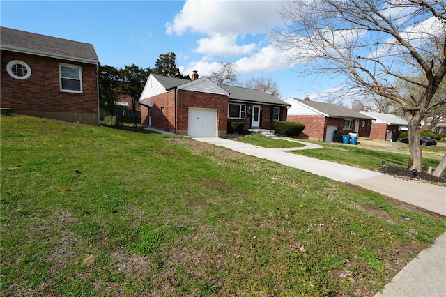 9235 Catalina Dr, Saint Louis, MO 63136 - view of front of property featuring brick siding, an attached garage, concrete driveway, a front lawn, and a chimney