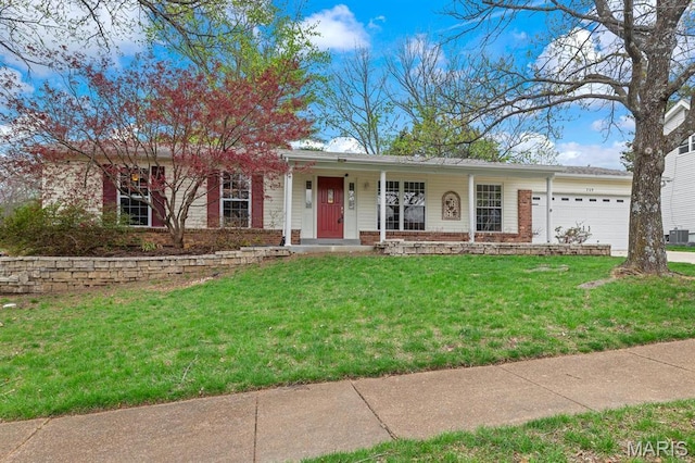 269 Braeshire Dr, Ballwin, MO 63021 - ranch-style home with covered porch, an attached garage, a front lawn, and concrete driveway