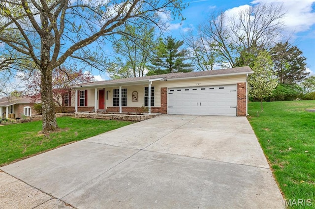 269 Braeshire Dr, Ballwin, MO 63021 - ranch-style house with brick siding, a garage, a front yard, and concrete driveway
