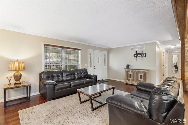 269 Braeshire Dr, Ballwin, MO 63021 - living area with ornamental molding, baseboards, wood finished floors, and a textured ceiling