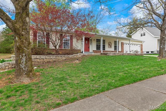 269 Braeshire Dr, Ballwin, MO 63021 - single story home featuring brick siding, a front lawn, an attached garage, and covered porch