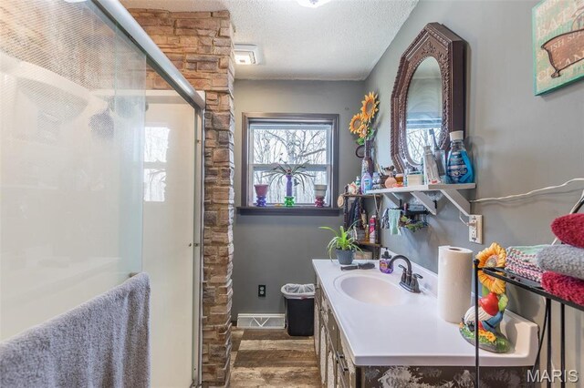 345 Johns Branch Rd, Wappapello, MO 63966 - bathroom with a shower stall, vanity, a textured ceiling, wood finished floors, and baseboards