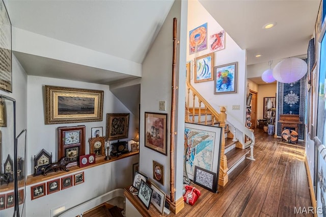 20955 Rye Ln, Richland, MO 65556 - hallway featuring stairs, wood-type flooring, and recessed lighting