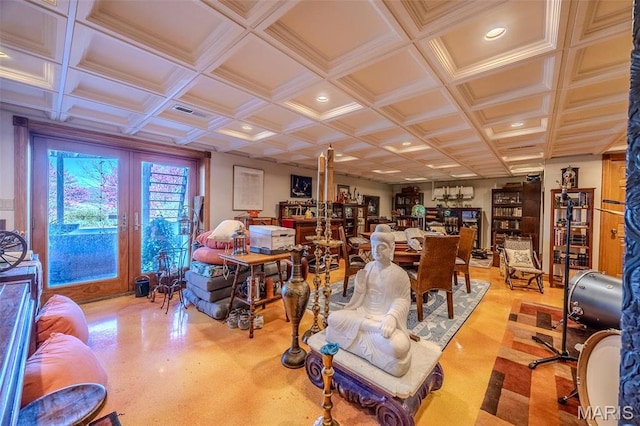 20955 Rye Ln, Richland, MO 65556 - dining space featuring french doors, coffered ceiling, and recessed lighting