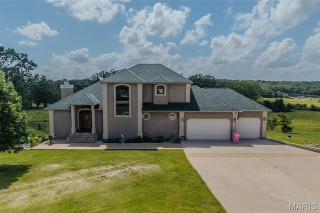20955 Rye Ln, Richland, MO 65556 - view of front of home featuring stucco siding, an attached garage, a front yard, driveway, and a chimney