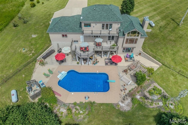 20955 Rye Ln, Richland, MO 65556 - outdoor pool featuring a patio, an outdoor hangout area, stairway, a diving board, and outdoor dining area