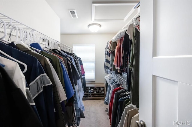 spacious closet featuring attic access and carpet