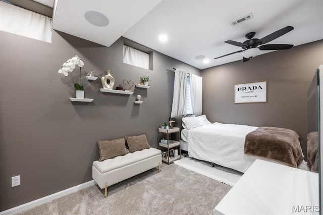 bedroom featuring carpet flooring, baseboards, and ceiling fan