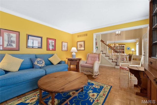 405 Seven Gables Ct, Chesterfield, MO 63017 - living area featuring a chandelier, crown molding, stairway, and baseboards
