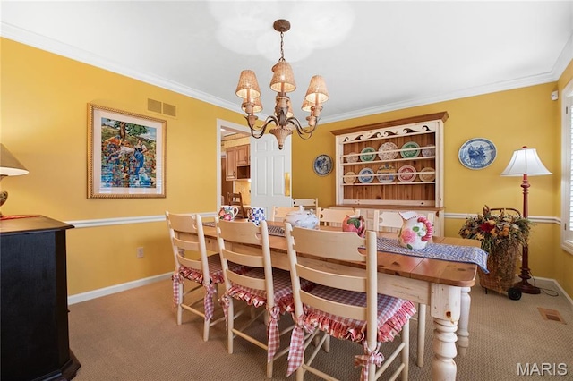 405 Seven Gables Ct, Chesterfield, MO 63017 - dining area with carpet flooring, a chandelier, baseboards, and crown molding