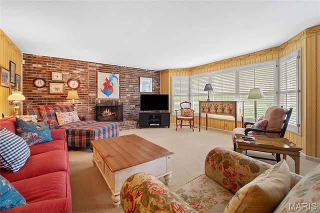 405 Seven Gables Ct, Chesterfield, MO 63017 - carpeted living room with brick wall and a fireplace