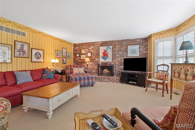 405 Seven Gables Ct, Chesterfield, MO 63017 - carpeted living room with healthy amount of natural light and a brick fireplace
