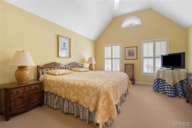 405 Seven Gables Ct, Chesterfield, MO 63017 - bedroom with light carpet, vaulted ceiling, a ceiling fan, and baseboards