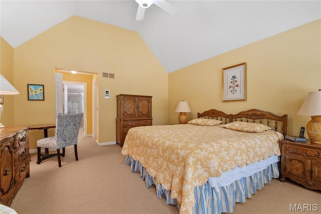 405 Seven Gables Ct, Chesterfield, MO 63017 - bedroom with light colored carpet, lofted ceiling, a ceiling fan, and baseboards