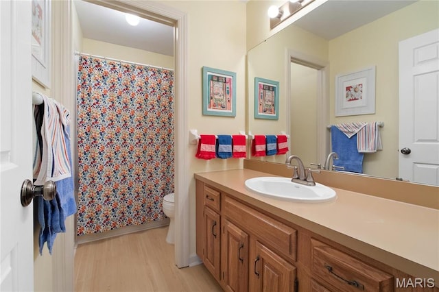 405 Seven Gables Ct, Chesterfield, MO 63017 - bathroom with toilet, wood finished floors, vanity, and a shower with curtain