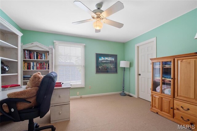 405 Seven Gables Ct, Chesterfield, MO 63017 - office space with light carpet, baseboards, and ceiling fan