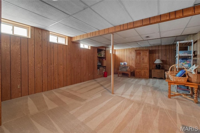 405 Seven Gables Ct, Chesterfield, MO 63017 - below grade area with carpet flooring, wooden walls, and a paneled ceiling