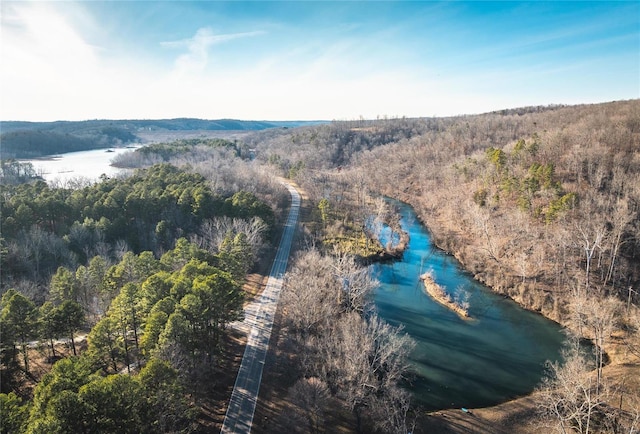 drone / aerial view of a nearby body of water and a forest