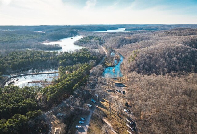 aerial view of a heavily wooded area and a large body of water