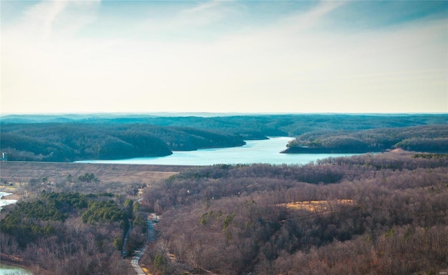 view of mountain background featuring a heavily wooded area and a nearby body of water