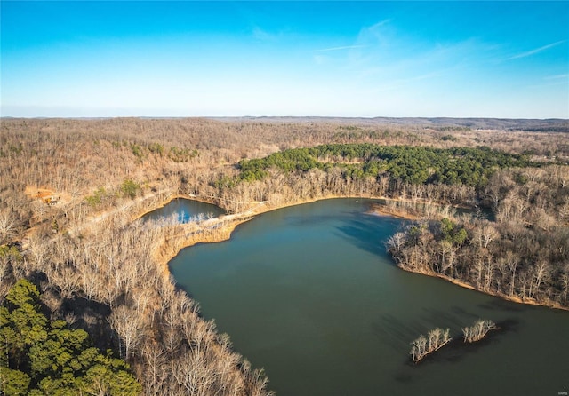 drone / aerial view of a heavily wooded area and a large body of water