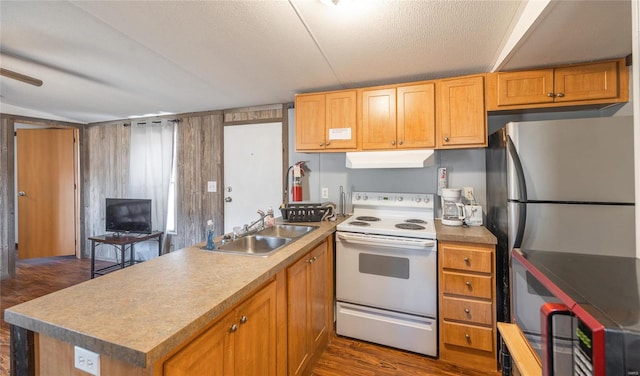 kitchen featuring white electric range, a sink, a peninsula, under cabinet range hood, and dark wood-style flooring