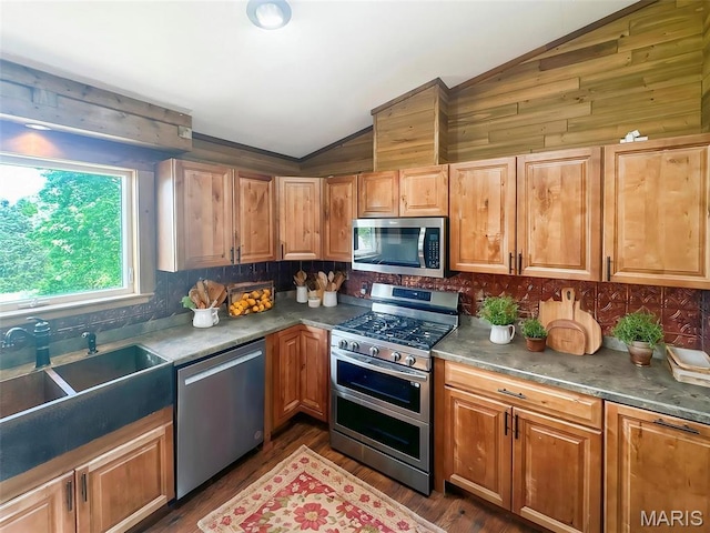 7203 Jakes Pr, Sullivan, MO 63080 - kitchen with appliances with stainless steel finishes, vaulted ceiling, a sink, backsplash, and dark wood finished floors