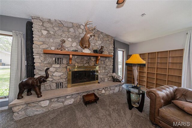708 E Candy Cane Ln, West Frankfort, IL 62896 - carpeted living area with a stone fireplace and a textured ceiling