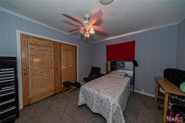 708 E Candy Cane Ln, West Frankfort, IL 62896 - bedroom with carpet floors, ornamental molding, a textured ceiling, and ceiling fan