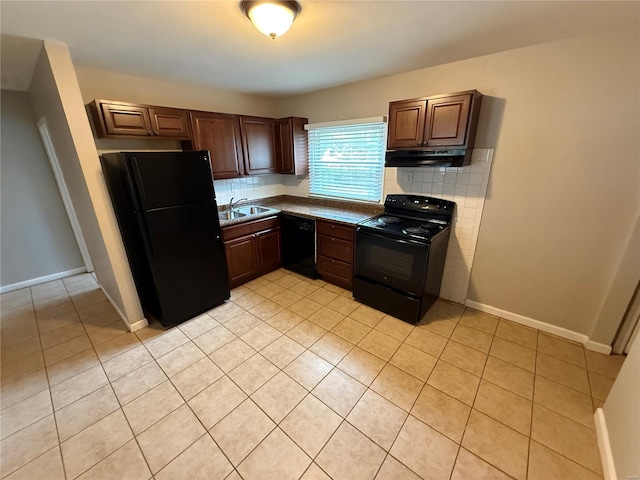 1418 Broadlawns Ln, Saint Louis, MO 63138 - kitchen featuring black appliances, under cabinet range hood, a sink, and tasteful backsplash