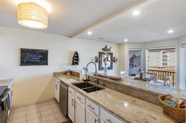 kitchen featuring a sink, stainless steel dishwasher, white cabinets, range with electric cooktop, and light stone countertops