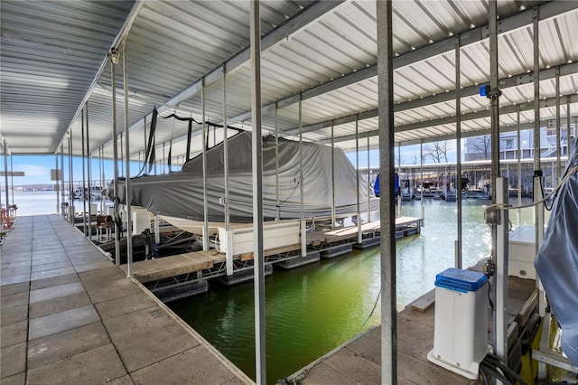 dock featuring boat lift and a water view
