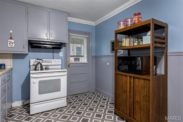 399 Roberts St, Saint Genevieve, MO 63670 - kitchen with white electric range oven, under cabinet range hood, black microwave, a wainscoted wall, and ornamental molding