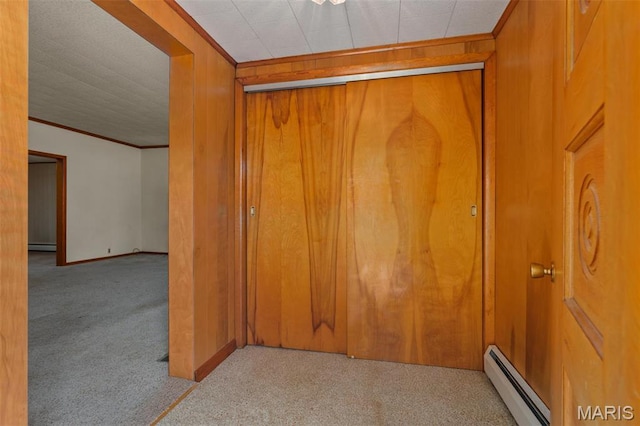 204 E 3rd N St, Mount Olive, IL 62069 - detailed view of a baseboard radiator, carpet floors, wooden walls, baseboards, and crown molding