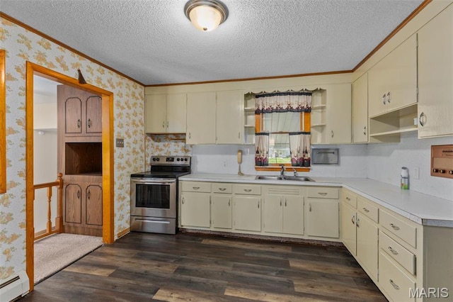 204 E 3rd N St, Mount Olive, IL 62069 - kitchen with electric stove, wallpapered walls, open shelves, a textured ceiling, and a sink