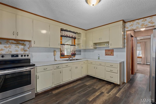 204 E 3rd N St, Mount Olive, IL 62069 - kitchen featuring appliances with stainless steel finishes, a sink, open shelves, healthy amount of natural light, and a textured ceiling