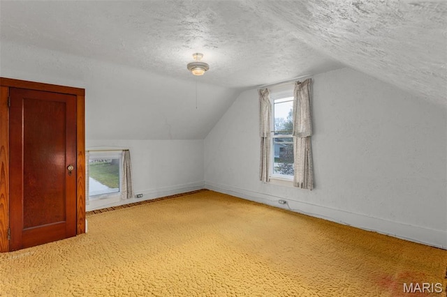 204 E 3rd N St, Mount Olive, IL 62069 - bonus room with a textured ceiling, carpet, vaulted ceiling, and baseboards