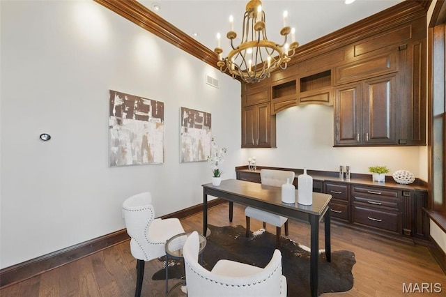 1212 Dolman St, Saint Louis, MO 63104 - office area with a chandelier, baseboards, ornamental molding, and wood finished floors