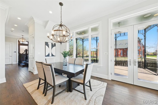 1212 Dolman St, Saint Louis, MO 63104 - dining area featuring a chandelier, crown molding, healthy amount of natural light, dark wood-style flooring, and recessed lighting