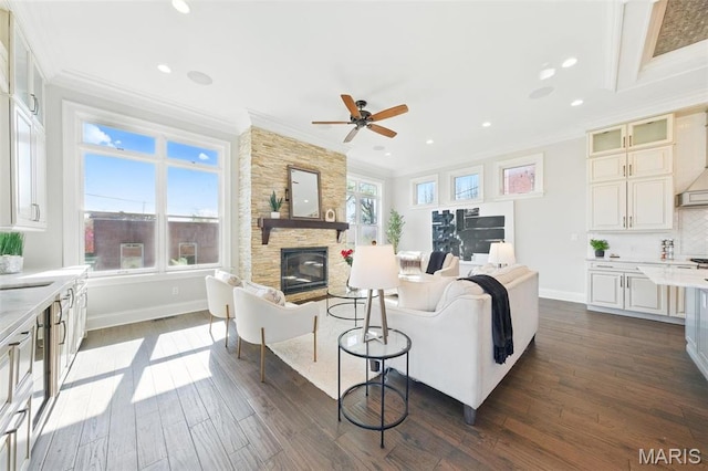 1212 Dolman St, Saint Louis, MO 63104 - living room with crown molding, a stone fireplace, dark wood finished floors, baseboards, and a ceiling fan