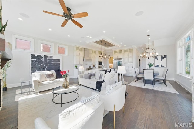 1212 Dolman St, Saint Louis, MO 63104 - living room with a chandelier, recessed lighting, baseboards, dark wood-style floors, and a ceiling fan