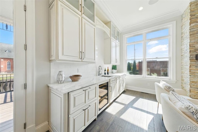 1212 Dolman St, Saint Louis, MO 63104 - bar area featuring crown molding, dark wood finished floors, wine cooler, a sink, and decorative backsplash